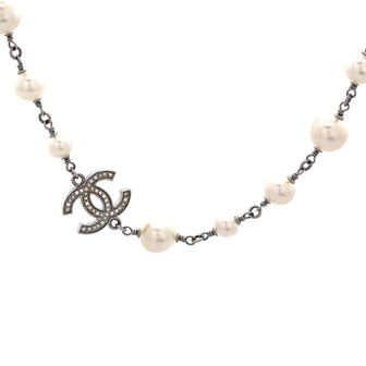 Chanel CC Station Long Necklace Metal with Faux Pearls and Crystals