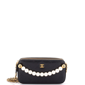 Chanel Chic Pearls Double Zip Clutch with Chain Quilted Lambskin
