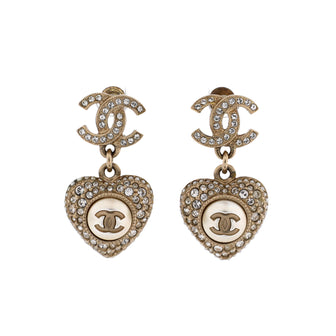 Chanel CC Heart Drop Earrings Metal with Faux Pearls and Crystals