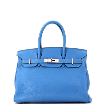 Hermes Birkin Handbag Blue Clemence with Palladium Hardware 30