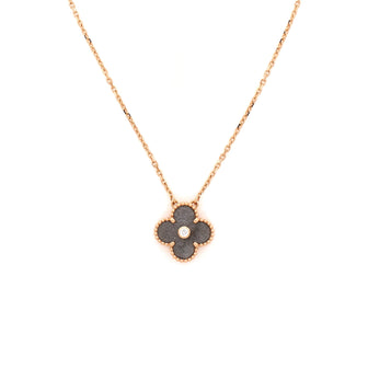 Van Cleef & Arpels Vintage Alhambra Pendant Necklace 18K Rose Gold and Silver Obsidian with Diamond