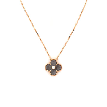 Van Cleef & Arpels Vintage Alhambra Pendant Necklace 18K Rose Gold and Silver Obsidian with Diamond