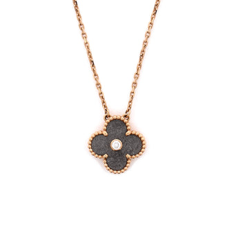 Van Cleef & Arpels Vintage Alhambra Pendant Necklace 18K Rose Gold and Silver Obsidian with Diamond
