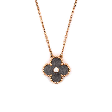 Van Cleef & Arpels Vintage Alhambra Pendant Necklace 18K Rose Gold and Silver Obsidian with Diamond