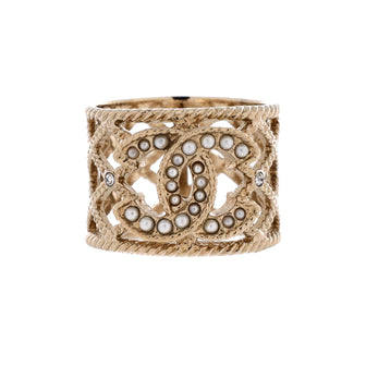 Chanel Openwork CC Textured Band Ring Metal with Faux Pearls and Crystals