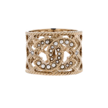 Chanel Openwork CC Textured Band Ring Metal with Faux Pearls and Crystals