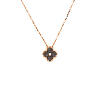 Van Cleef & Arpels Vintage Alhambra Pendant Necklace 18K Rose Gold and Silver Obsidian with Diamond