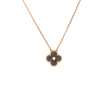 Van Cleef & Arpels Vintage Alhambra Pendant Necklace 18K Rose Gold and Silver Obsidian with Diamond
