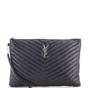 Saint Laurent Classic Monogram Wristlet Pouch Matelasse Chevron Leather Medium