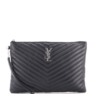 Saint Laurent Classic Monogram Wristlet Pouch Matelasse Chevron Leather Medium