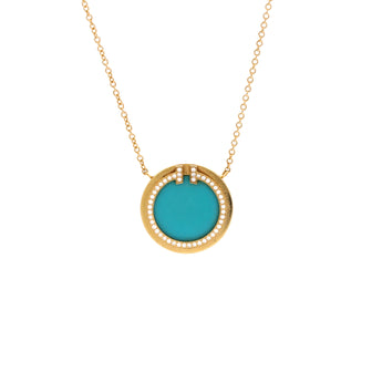 Tiffany & Co. T Circle Pendant Necklace 18K Yellow Gold with Turquoise and Diamonds Large