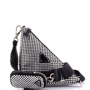 Prada Triangle Logo Zip Crossbody Bag Crystal Embellished Satin Small