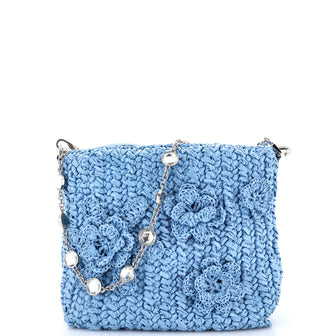Miu Miu Flower Crystal Chain Shoulder Bag Woven Raffia