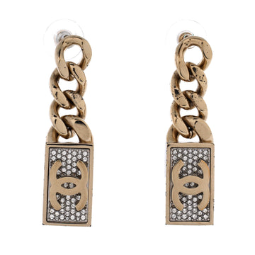 Chanel CC Dog Tag Charm Drop Earrings Metal with Crystals