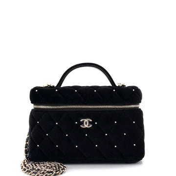 Chanel Classic Top Handle Slim Vanity Case with Chain Quilted Velvet with Crystals Small