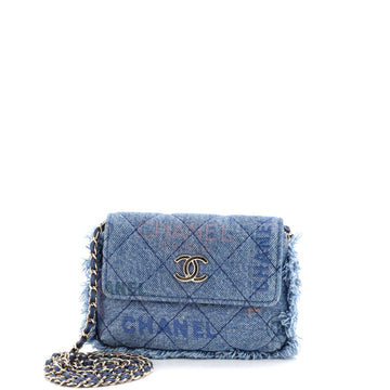 Chanel Denim Mood Flap Clutch with Chain Logo Printed Quilted Fringe Denim