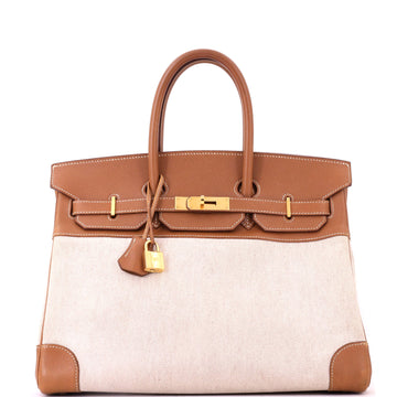 Hermes Birkin Handbag Toile and Brown Courchevel with Gold Hardware 35