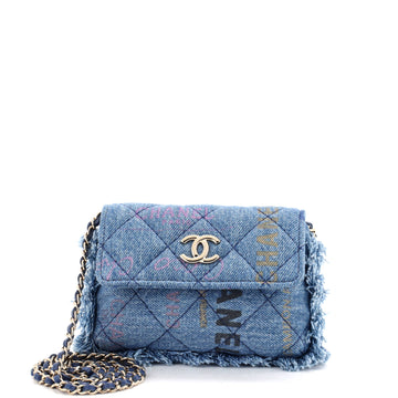 Chanel Denim Mood Flap Clutch with Chain Logo Printed Quilted Fringe Denim