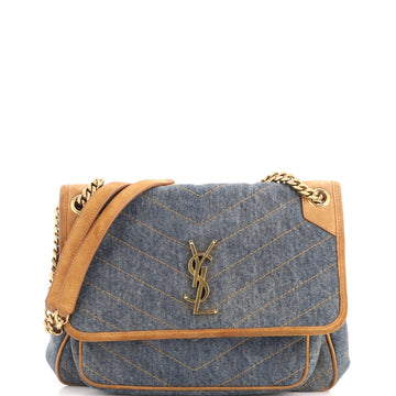 Saint Laurent Niki Chain Flap Bag Matelasse Chevron Denim with Suede Medium