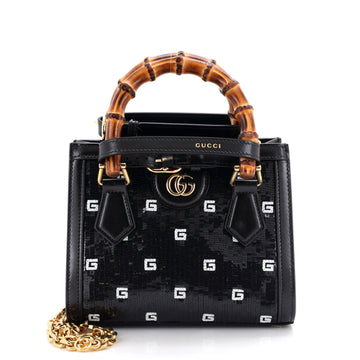 Gucci Diana NM Bamboo Handle Tote Sequin and Bead Embelished Leather Mini