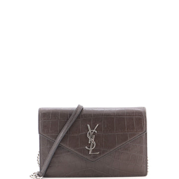 Saint Laurent Classic Monogram Wallet on Chain Crocodile Embossed Leather Small