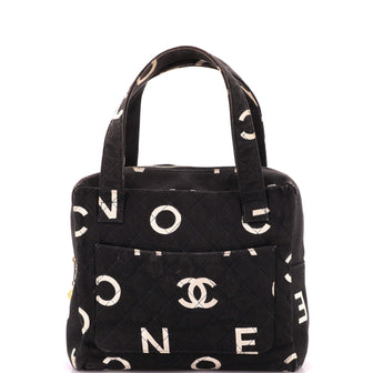 Chanel Vintage Coco Logo Zip Around Handle Bag Quilted Printed Canvas Small