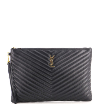 Saint Laurent Classic Monogram Wristlet Pouch Matelasse Chevron Leather Large