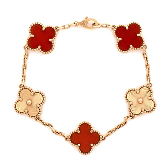 Van Cleef & Arpels Vintage Alhambra 5 Motifs Bracelet Guilloche 18K Rose Gold and Carnelian