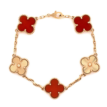 Van Cleef & Arpels Vintage Alhambra 5 Motifs Bracelet Guilloche 18K Rose Gold and Carnelian