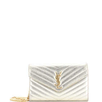 Saint Laurent Classic Monogram Wallet on Chain Matelasse Chevron Metallic Leather Medium