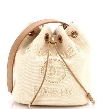 Chanel Deauville Drawstring Bucket Bag Pearl Embellished Canvas Medium