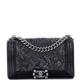 Chanel Boy Flap Bag Sequin with Patent Old Medium