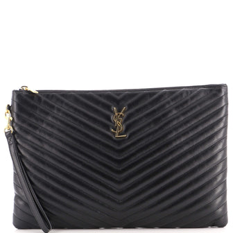 Saint Laurent Classic Monogram Wristlet Pouch Matelasse Chevron Leather Large
