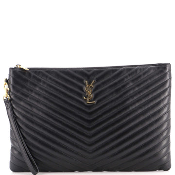 Saint Laurent Classic Monogram Wristlet Pouch Matelasse Chevron Leather Large