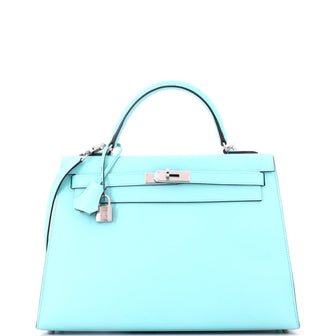 Hermes Kelly Handbag Blue Epsom with Palladium Hardware 32