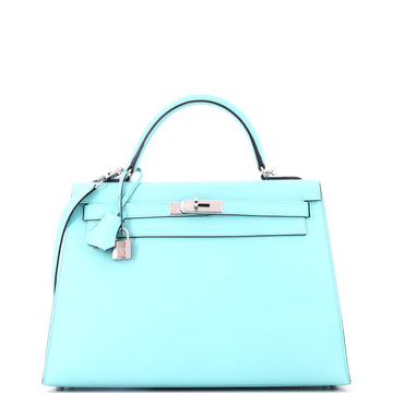 Hermes Kelly Handbag Blue Epsom with Palladium Hardware 32