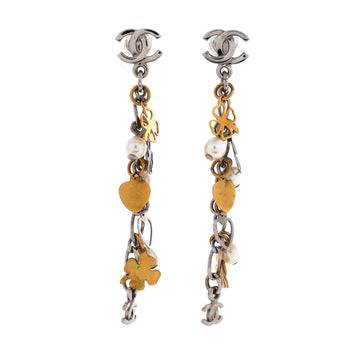 Chanel CC Clover and Heart  Dangle Earrings Metal and Faux Pearls
