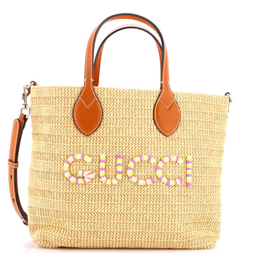 Gucci Logo Plaque Convertible Tote Raffia Small