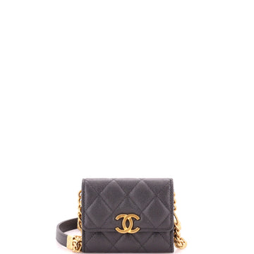 Chanel Plate Logo CC Flap Card Holder on Chain Quilted Caviar Mini
