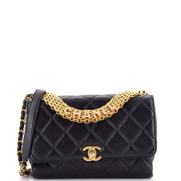 Chanel Crystal Logo Letters Chain Handle Flap Bag Quilted Lambskin Medium