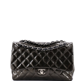 Chanel Classic Double Flap Bag Quilted Striated Metallic Patent Jumbo
