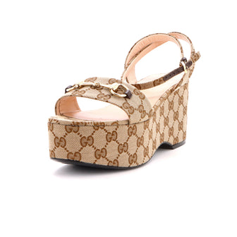 Gucci Women's Horsebit Platform Sandals GG Canvas