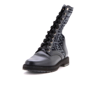 Fendi Women's Rockoko Combat Boots Leather and Zucca Knit Stretch Fabric