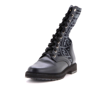 Fendi Women's Rockoko Combat Boots Leather and Zucca Knit Stretch Fabric