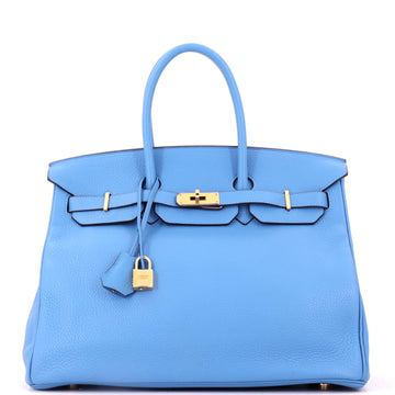 Hermes Birkin Handbag Blue Clemence with Gold Hardware 35