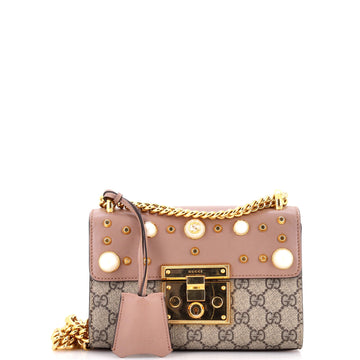 Gucci Pearly Padlock Shoulder Bag GG Coated Canvas with Studded Leather Small