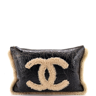 Chanel CC Mania Zip Pouch Shearling and Shiny Crumpled Sheepskin Large
