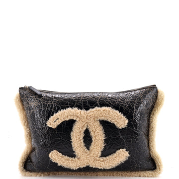Chanel CC Mania Zip Pouch Shearling and Shiny Crumpled Sheepskin Large