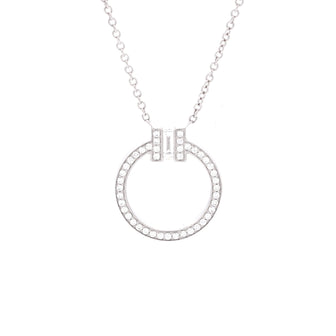 Tiffany & Co. T Circle Pendant Necklace 18K White Gold with Diamonds and Center Baguette Diamond Small