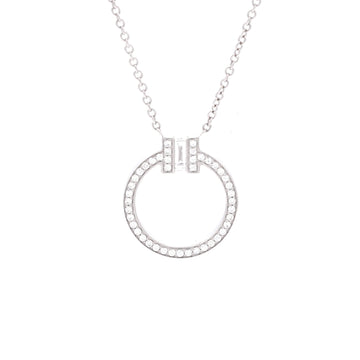 Tiffany & Co. T Circle Pendant Necklace 18K White Gold with Diamonds and Center Baguette Diamond Small